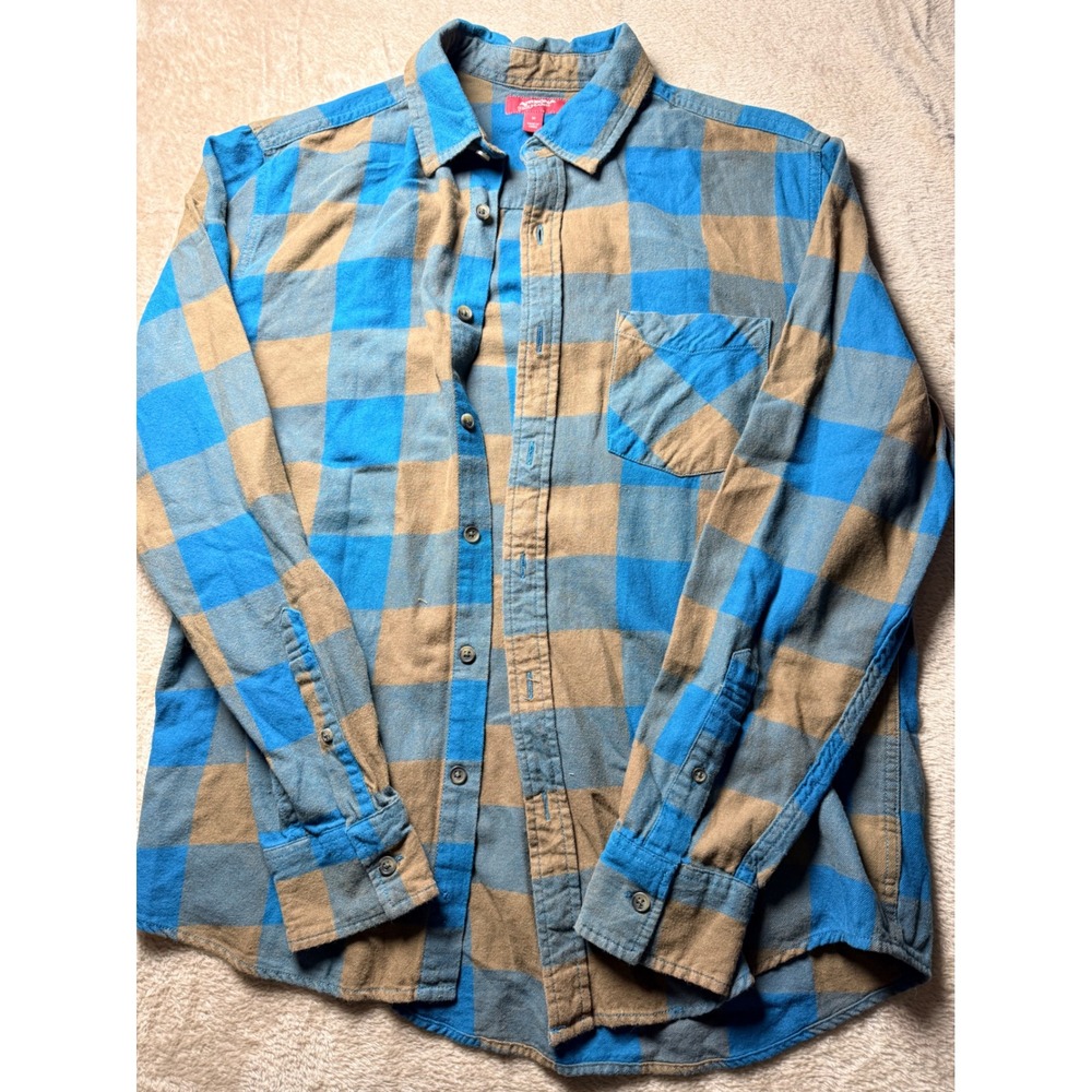 Arizona Jean Co Mens Blue Tan Buffalo Check Flannel Button Down Shirt Medium